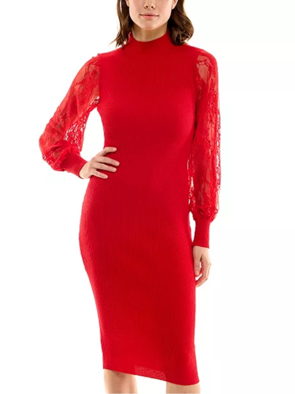 Almost Famous Red Mock-Neck Midi Dress with Lace Balloon Sleeves